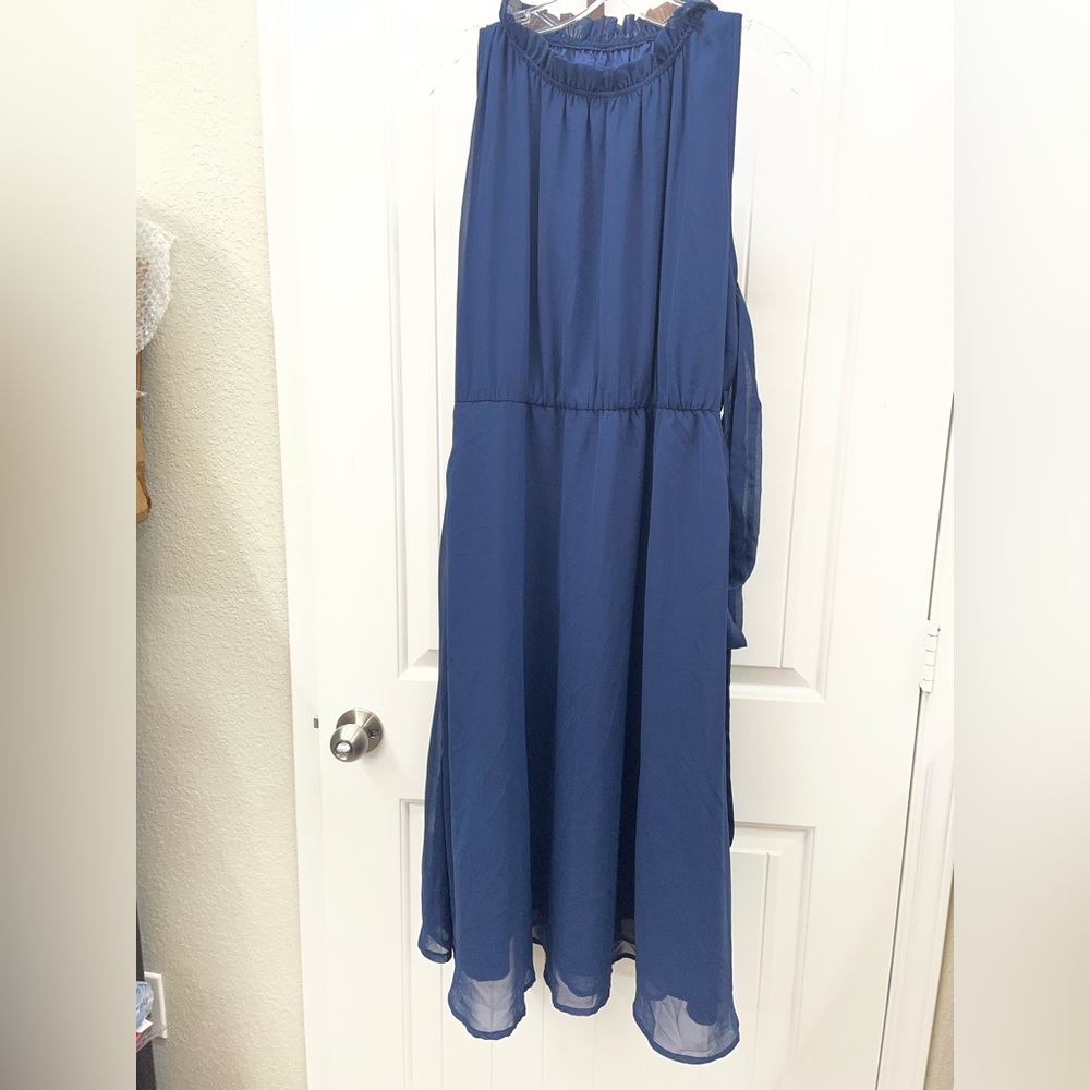 BloomChic Navy Chiffon Belt Tie Sleeveless Dress 12 Large